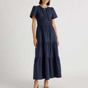 Quince Navy Blue Organic Cotton Tiered Maxi Dress sz S Women's Pockets Poplin